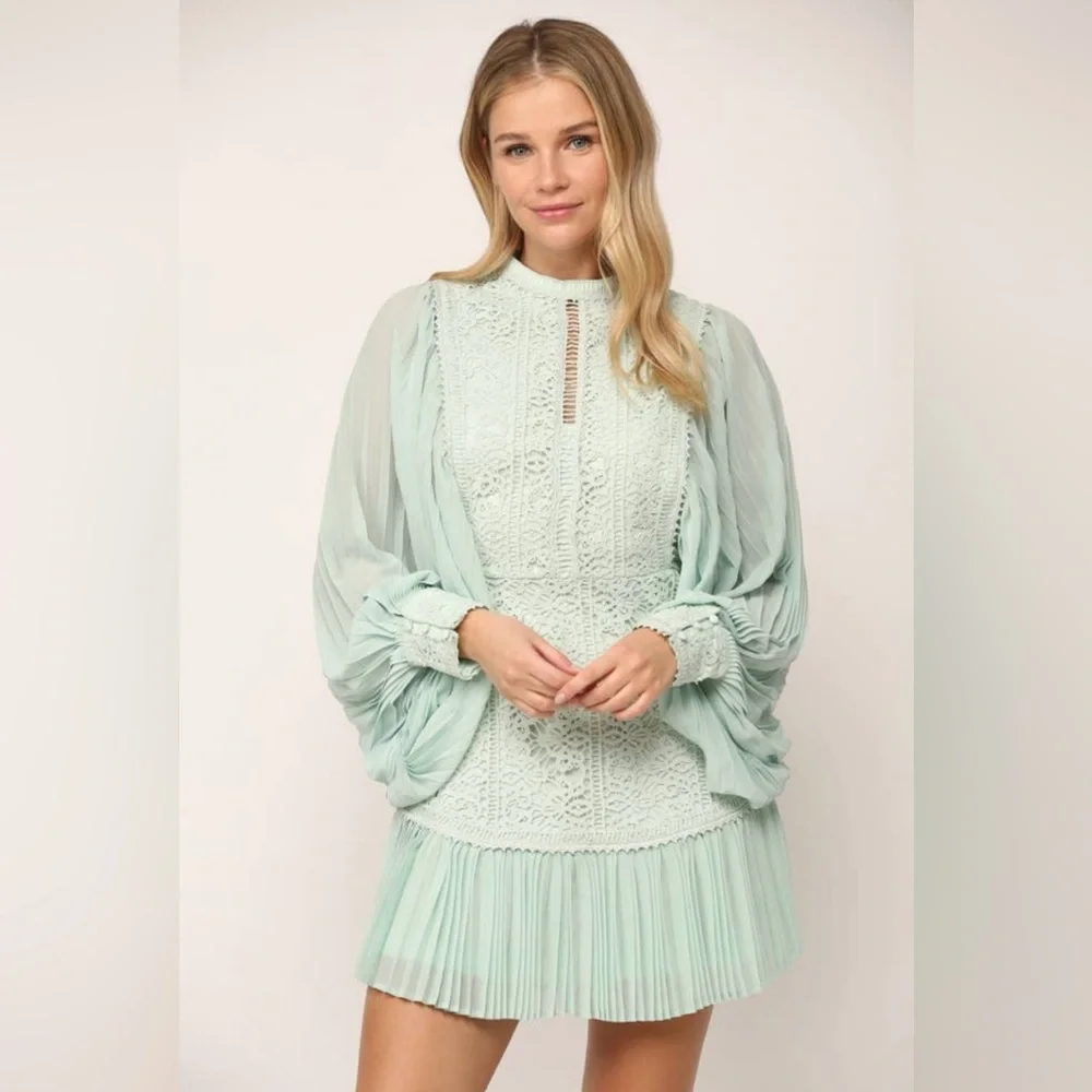 Pleated Volume Sleeve Lace Mini Dress|Statement Long Sleeve Party Dress|S–M - Picture 4 of 12